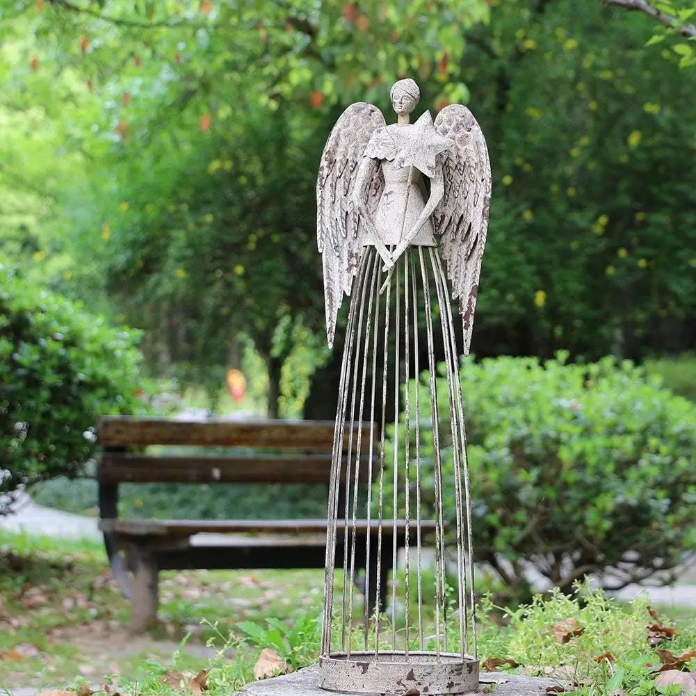 Antiqued Metal Garden Angel Statue With Star Wand Outdoor Decor