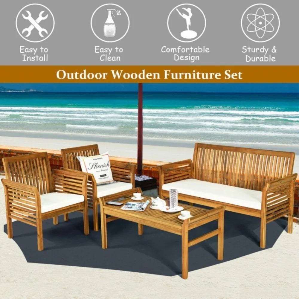 Outdoor Acacia Wood Sofa Set With Cushioned Chairs And Table