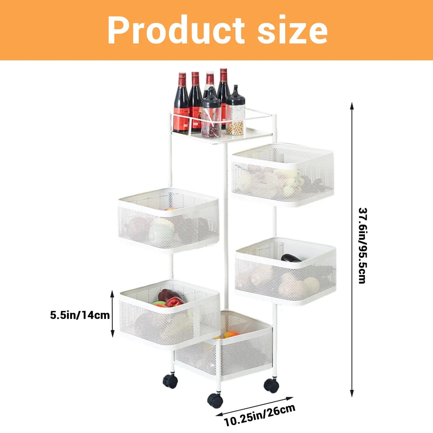 HiMISS 5-Tier Rolling Storage Cart With Rotating Baskets 360 Degree