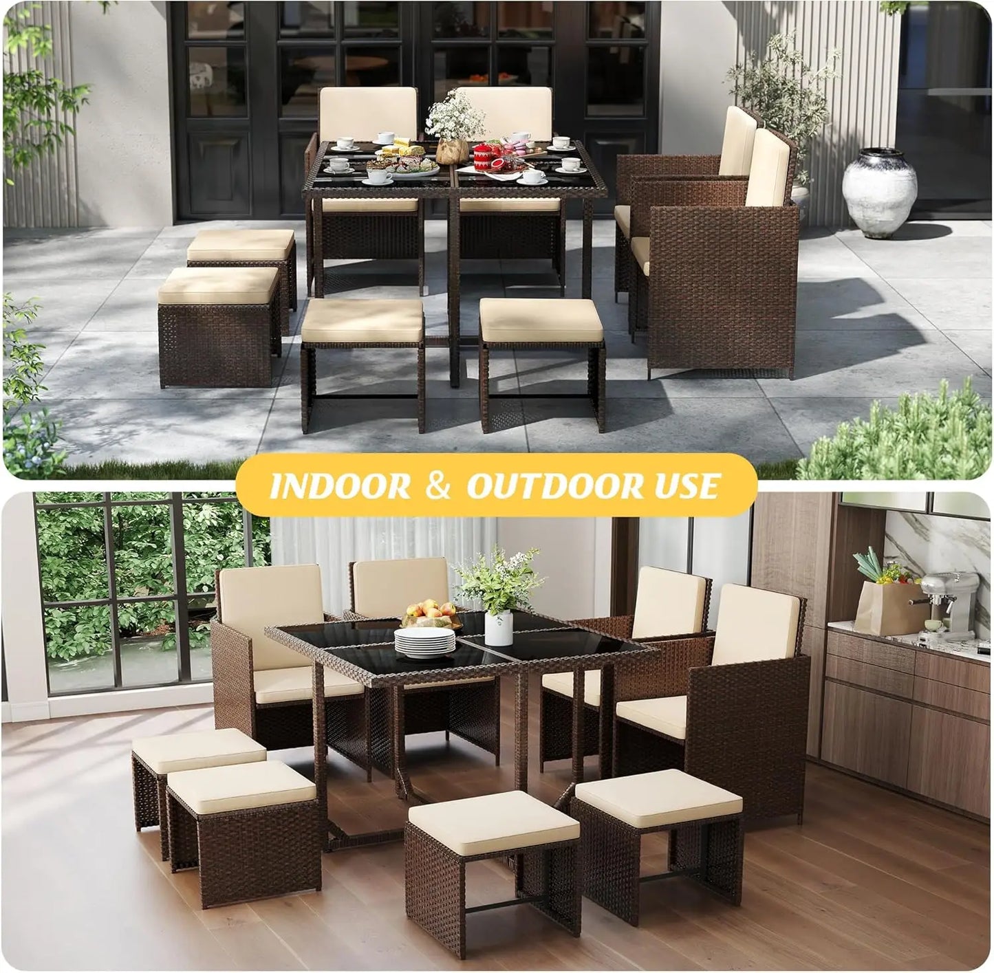 Patio 9 Piece Dining Furniture Set Rattan Chairs Glass Table