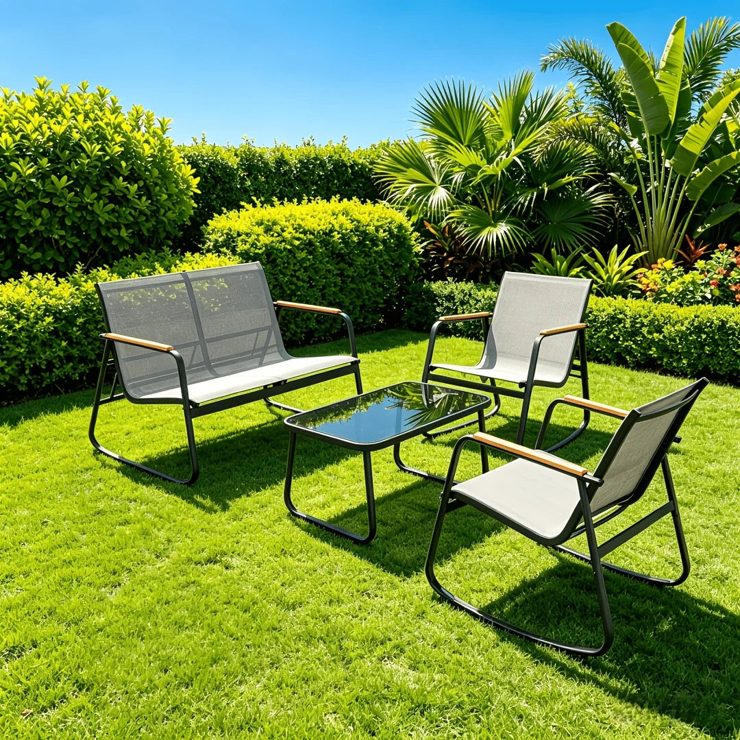 PIYRQ Outdoor Patio Furniture Rattan Conversation Chairs With Glass Table