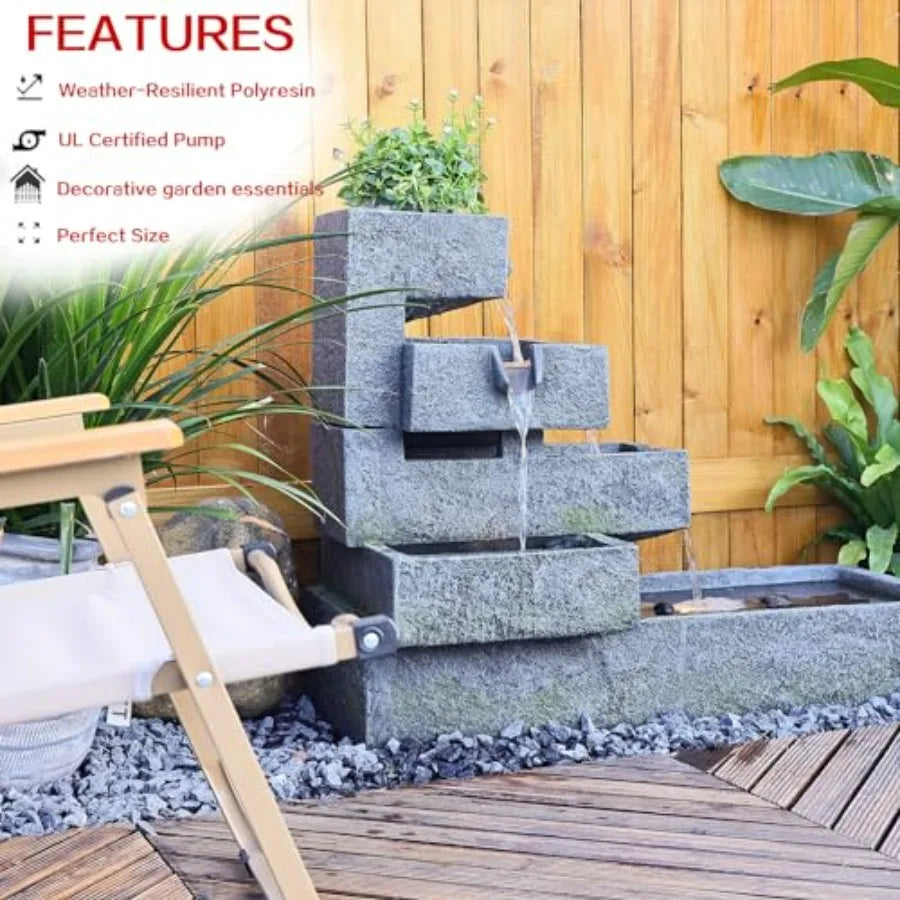 Tiered Water Fountain Outdoor Garden Cascade With LED Lighting Concrete