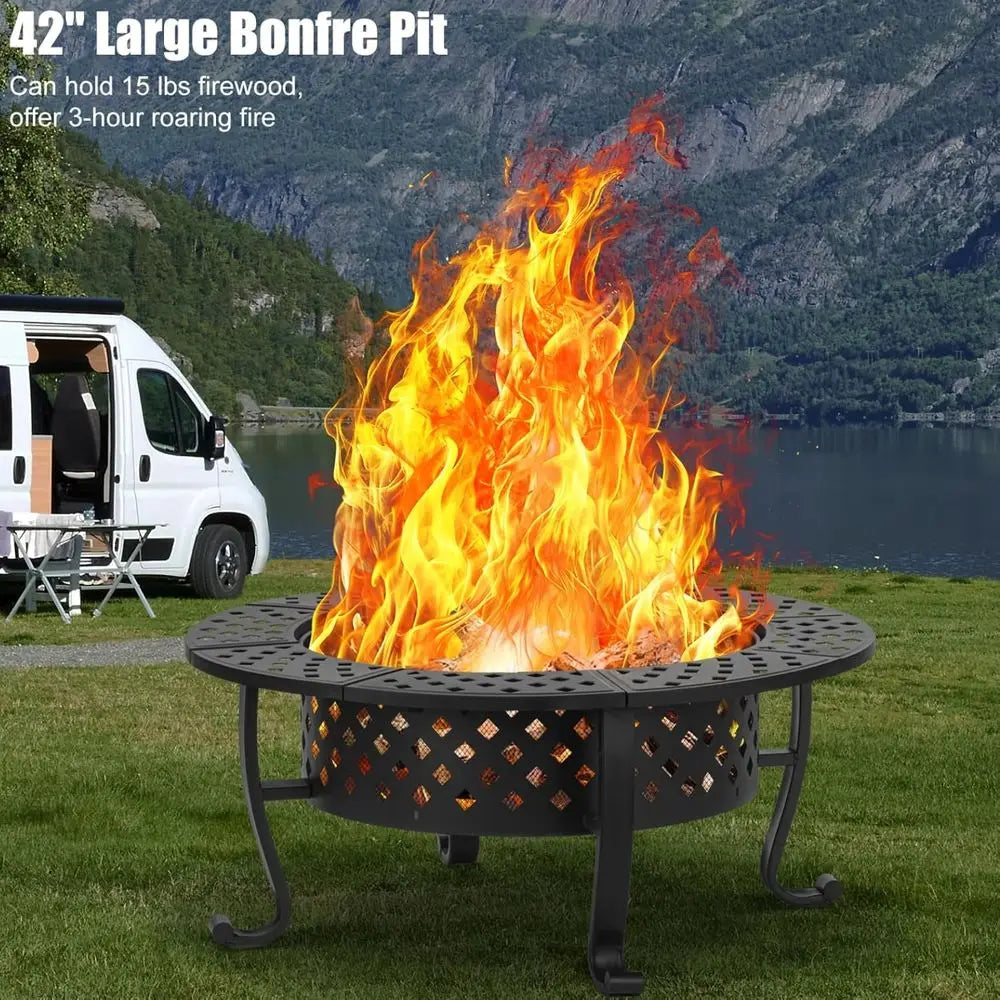 Round Metal Fire Pit With Dual Grills And Wood Burning