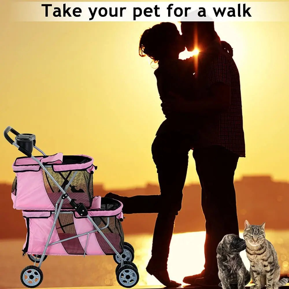 Four Wheel Pet Stroller For Small And Medium Dogs And Cats With Cup Holder