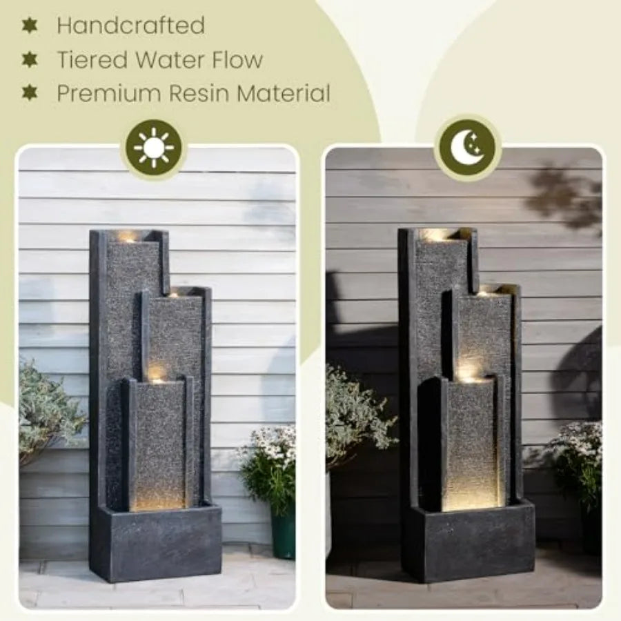 Modern Outdoor Water Fountain With Lights Resin Cascading Waterfall
