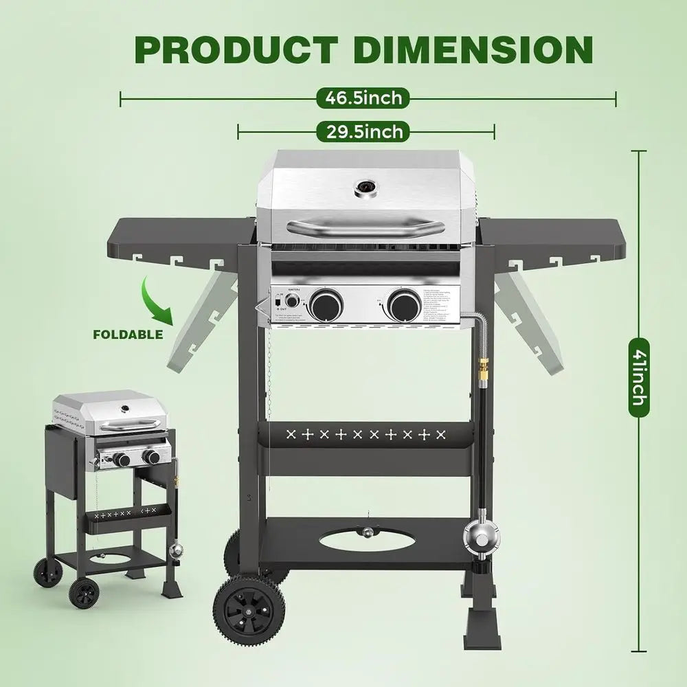 2-Burner Stainless Steel Gas Grill With Foldable Shelves