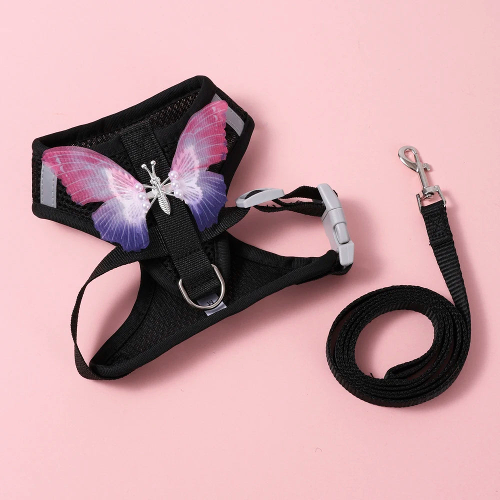 Breathable Cat And Small Dog Harness Set With Butterfly Design