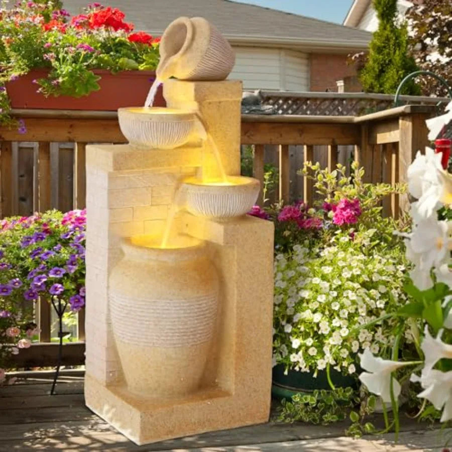 4-Tier Outdoor Water Fountain With Cascading Falls And LED Lights