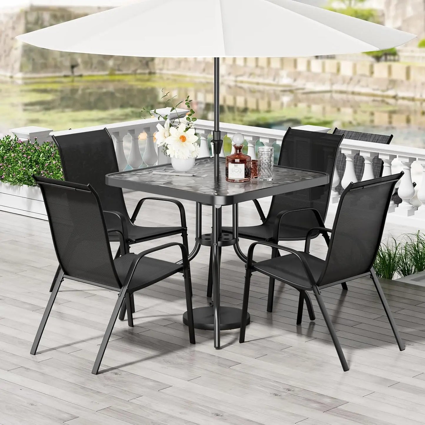 Patio Dining Set With Table And Four Textilene Chairs