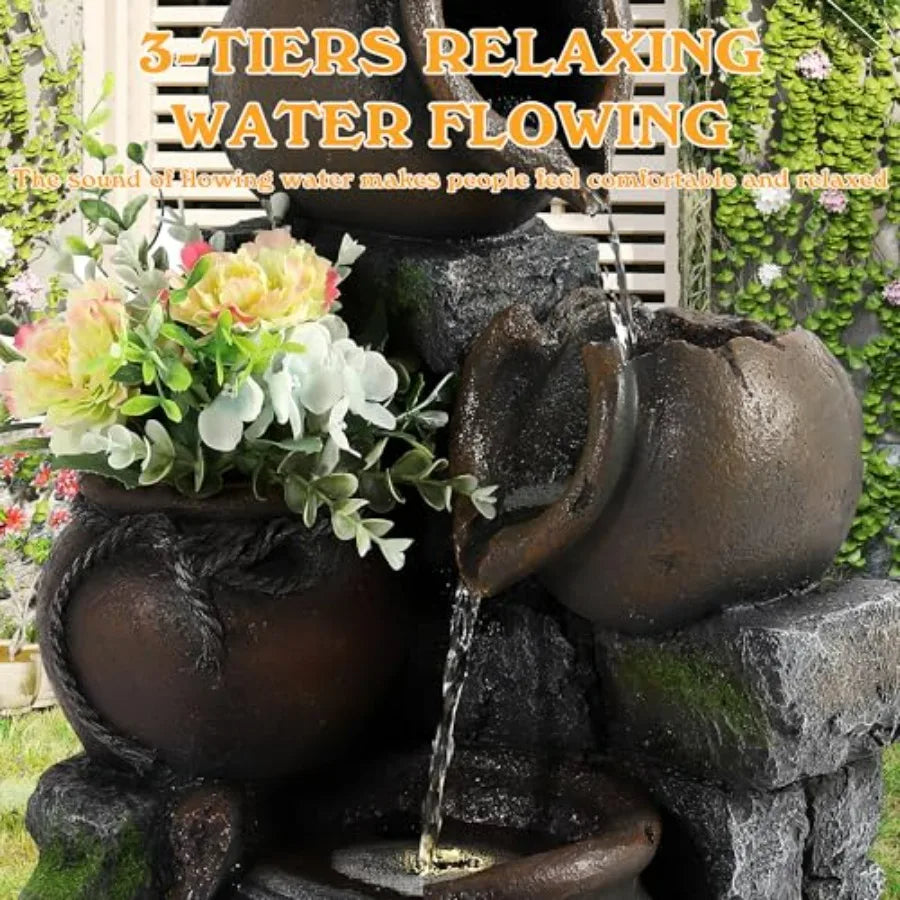 Outdoor Water Fountain with LED Lights and Pump 4-Tier Cascading