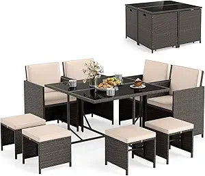 Patio Dining Set With Rattan Chairs And Tempered Glass Table And Ottoman