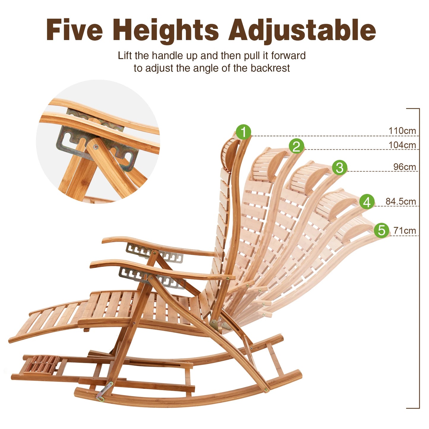 Heavy Duty Folding Rocking Chair Bamboo Outdoor Adjustable Sun Lounger