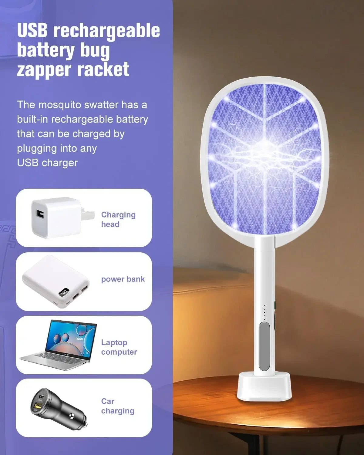 Electric Fly Swatter 2 In 1 Mosquito Zapper Racket