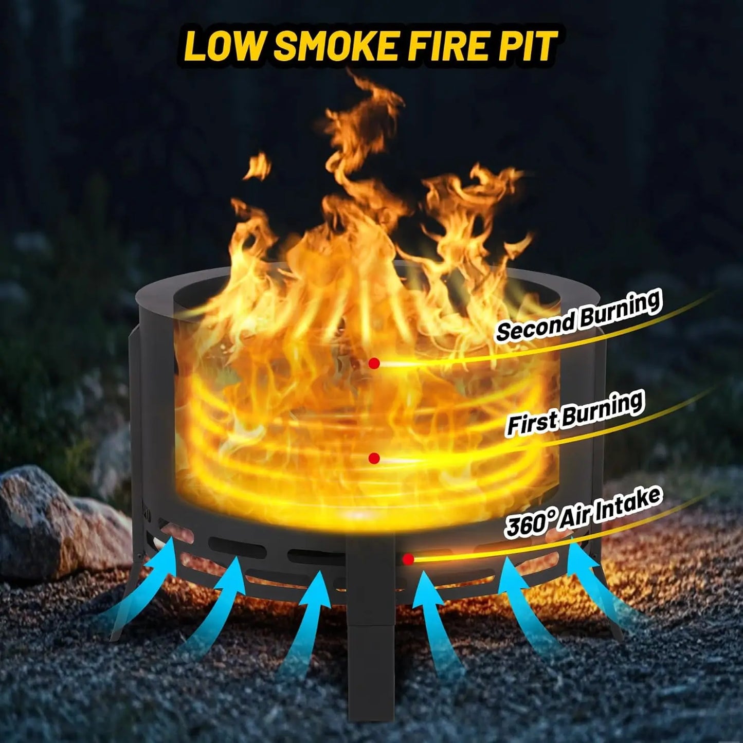 HiMISS Smokeless Firepit With Folding Feet Multi Fuel Charcoal