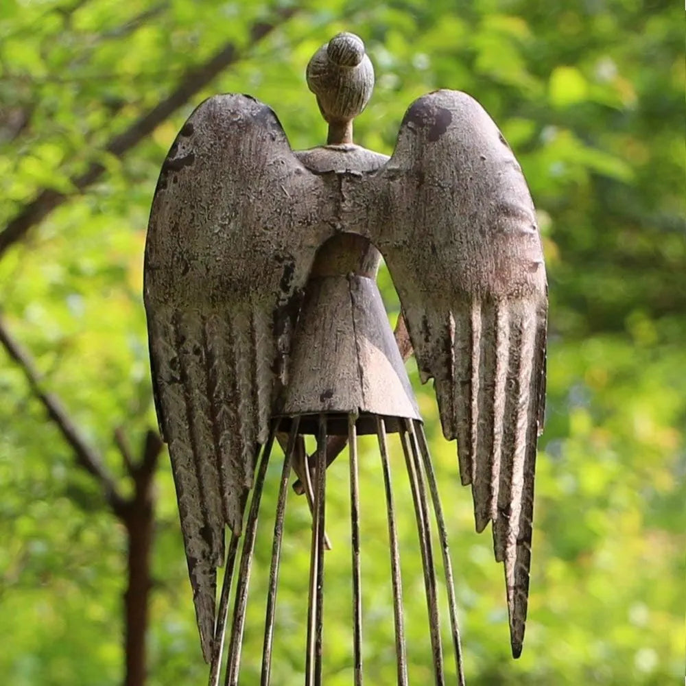 Antiqued Metal Garden Angel Statue With Star Wand Outdoor Decor