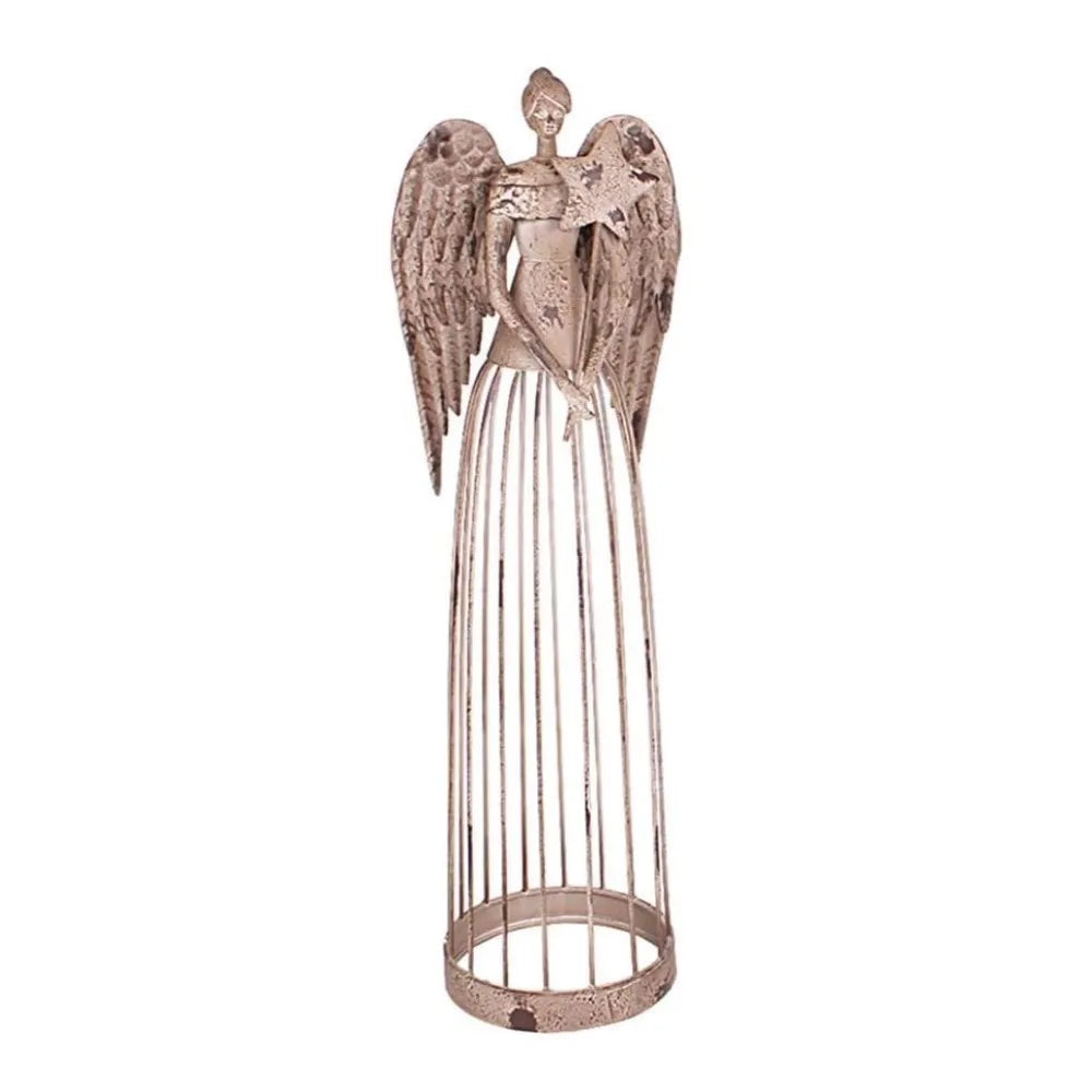 Antiqued Metal Garden Angel Statue With Star Wand Outdoor Decor