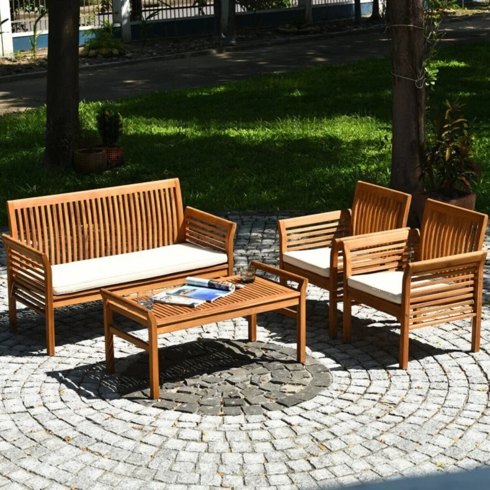 Outdoor Acacia Wood Sofa Set With Cushioned Chairs And Table