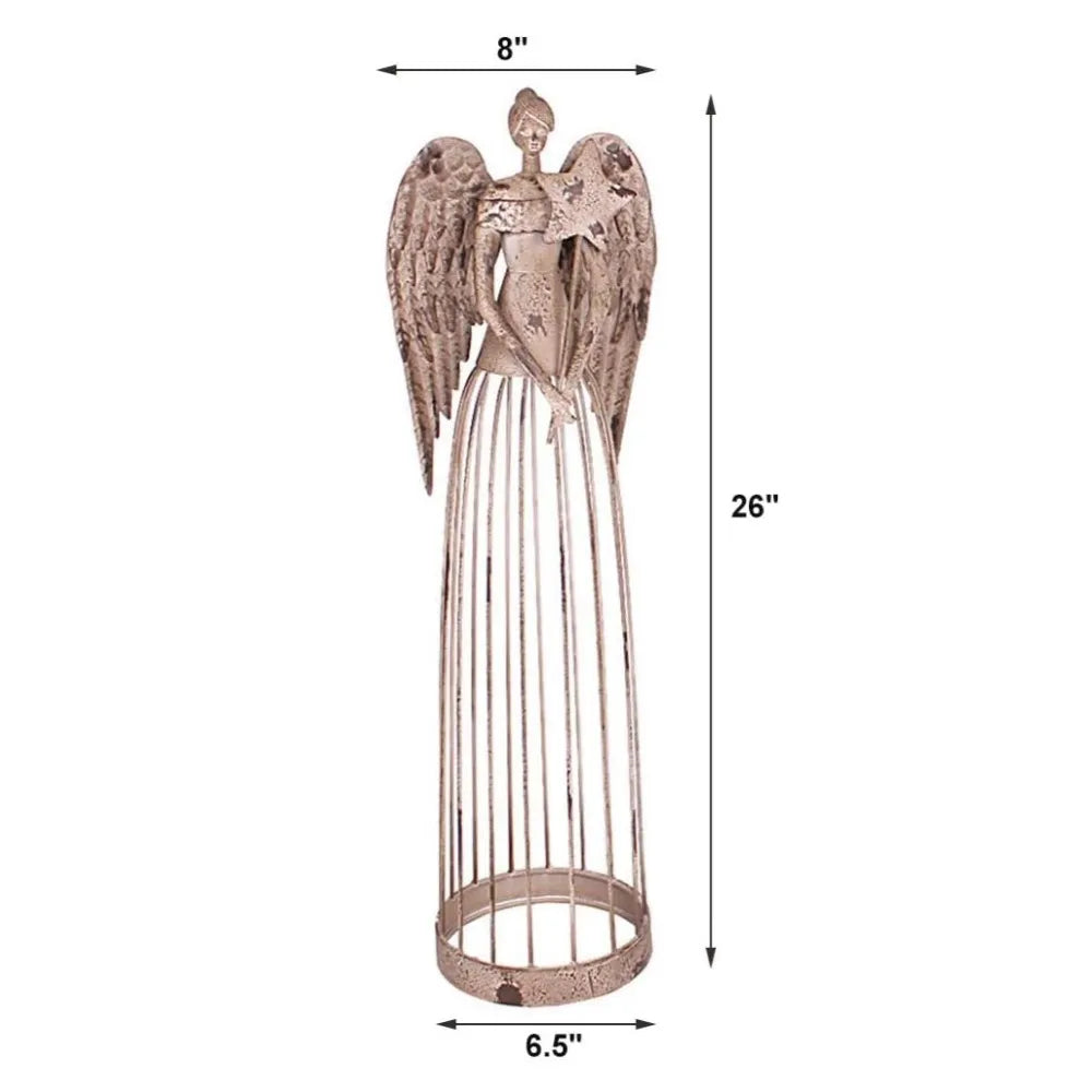 Antiqued Metal Garden Angel Statue With Star Wand Outdoor Decor