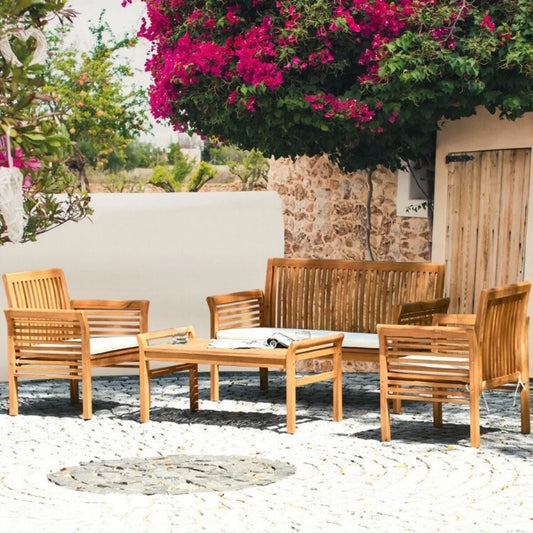 Outdoor Acacia Wood Sofa Set With Cushioned Chairs And Table