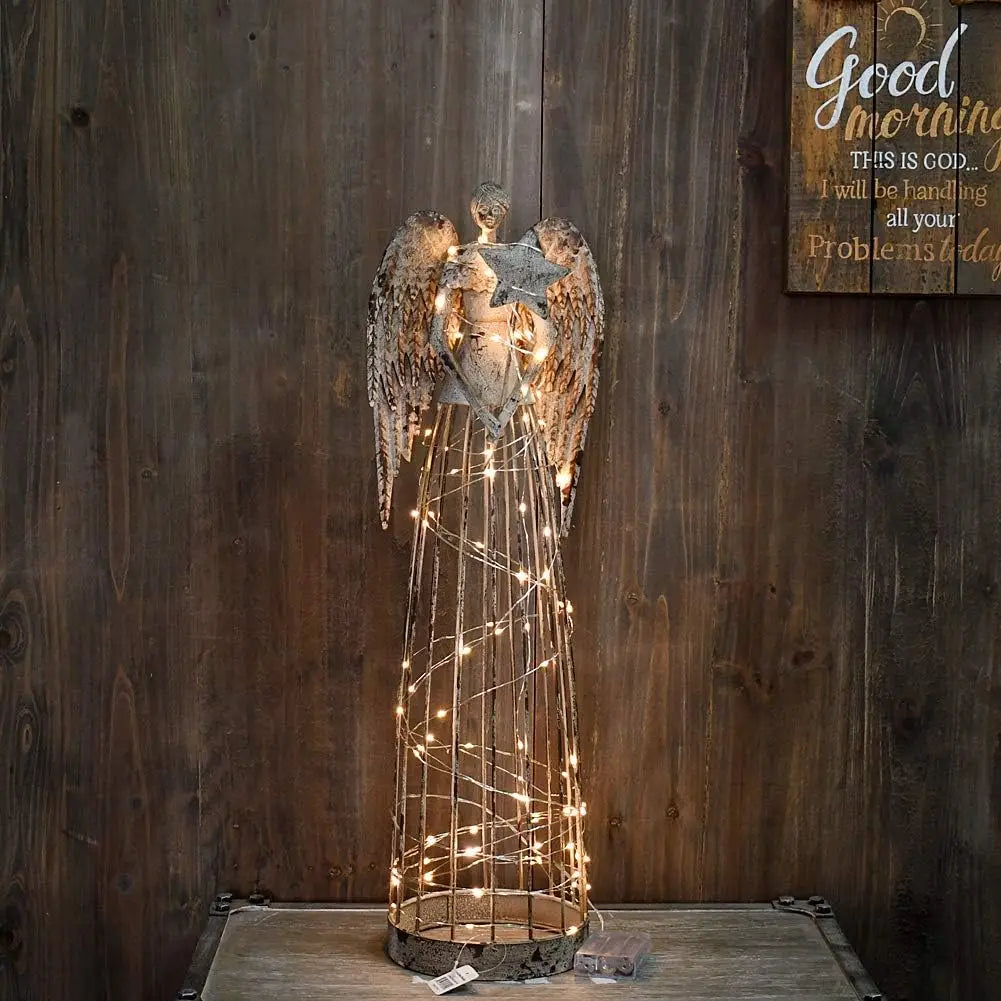 Antiqued Metal Garden Angel Statue With Star Wand Outdoor Decor