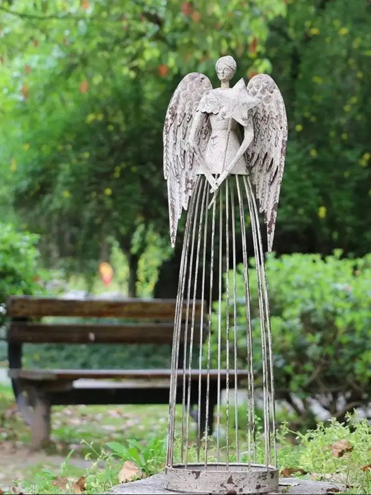 Antiqued Metal Garden Angel Statue With Star Wand Outdoor Decor