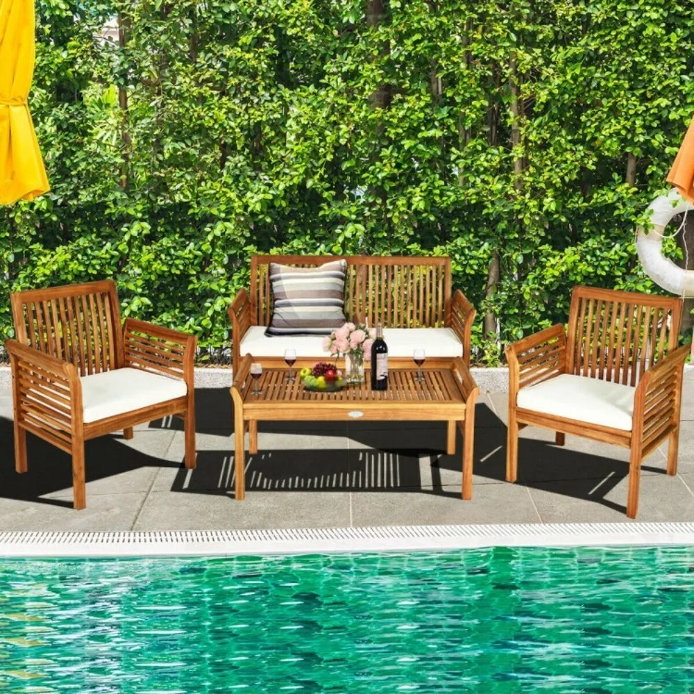 Outdoor Acacia Wood Sofa Set With Cushioned Chairs And Table