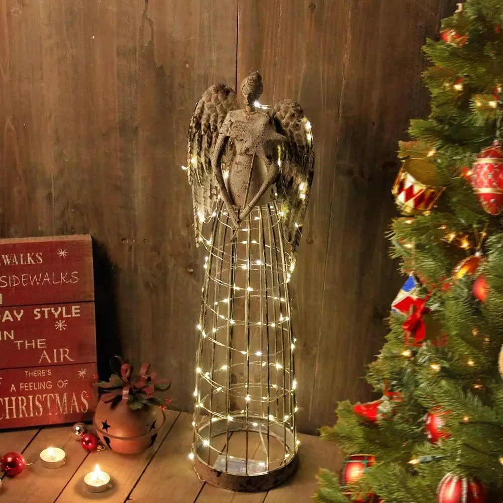 Antiqued Metal Garden Angel Statue With Star Wand Outdoor Decor