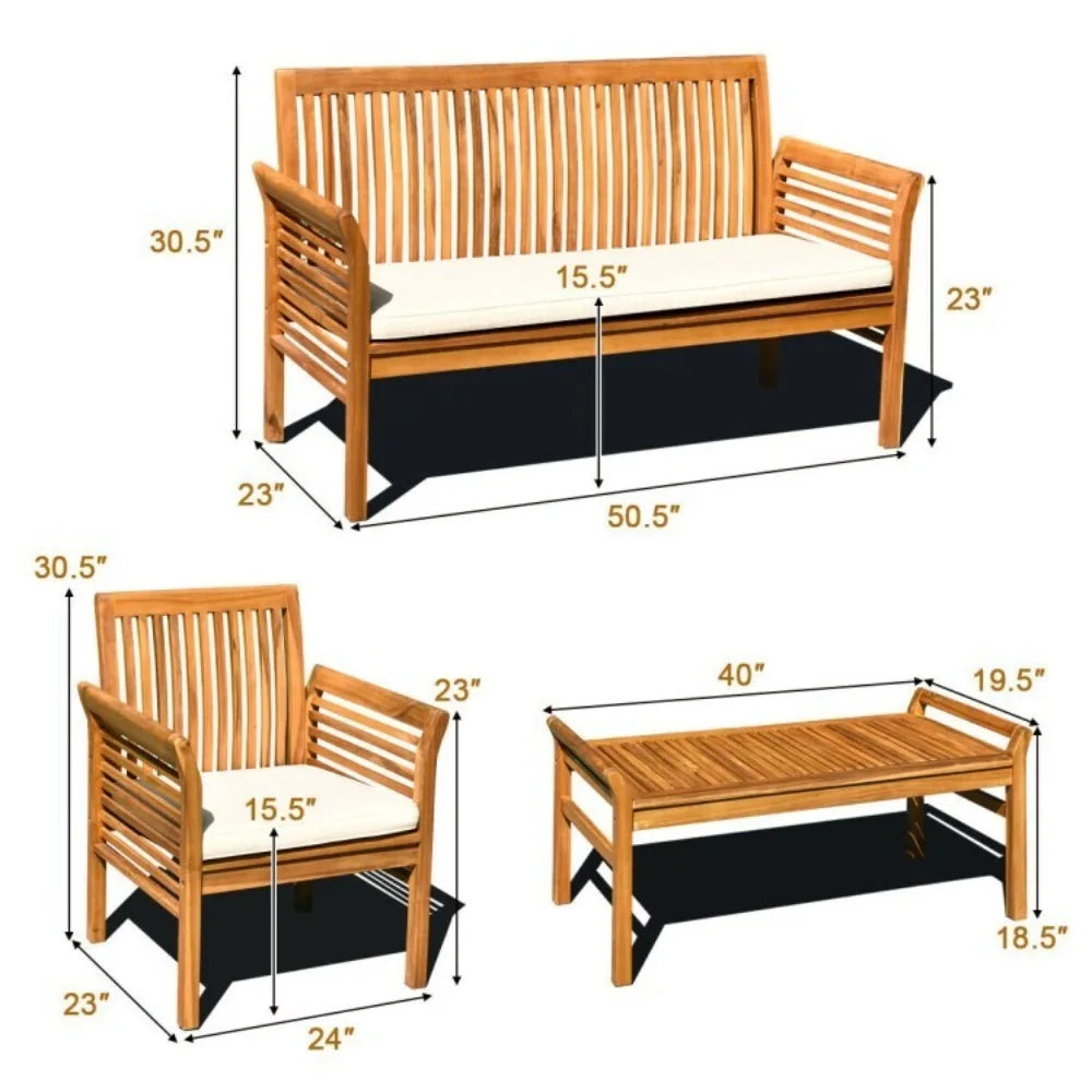 Outdoor Acacia Wood Sofa Set With Cushioned Chairs And Table