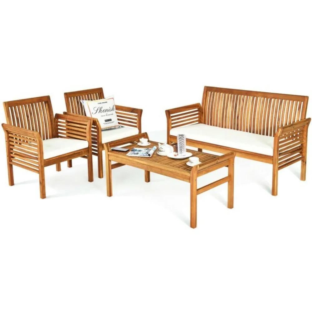 Outdoor Acacia Wood Sofa Set With Cushioned Chairs And Table