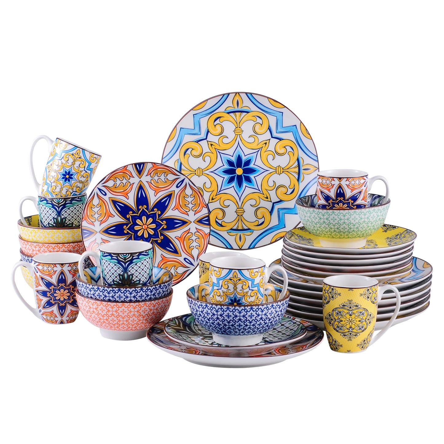 MALACASA Jasmin Pattern Porcelain Dinnerware Set With Plates Bowls Mugs