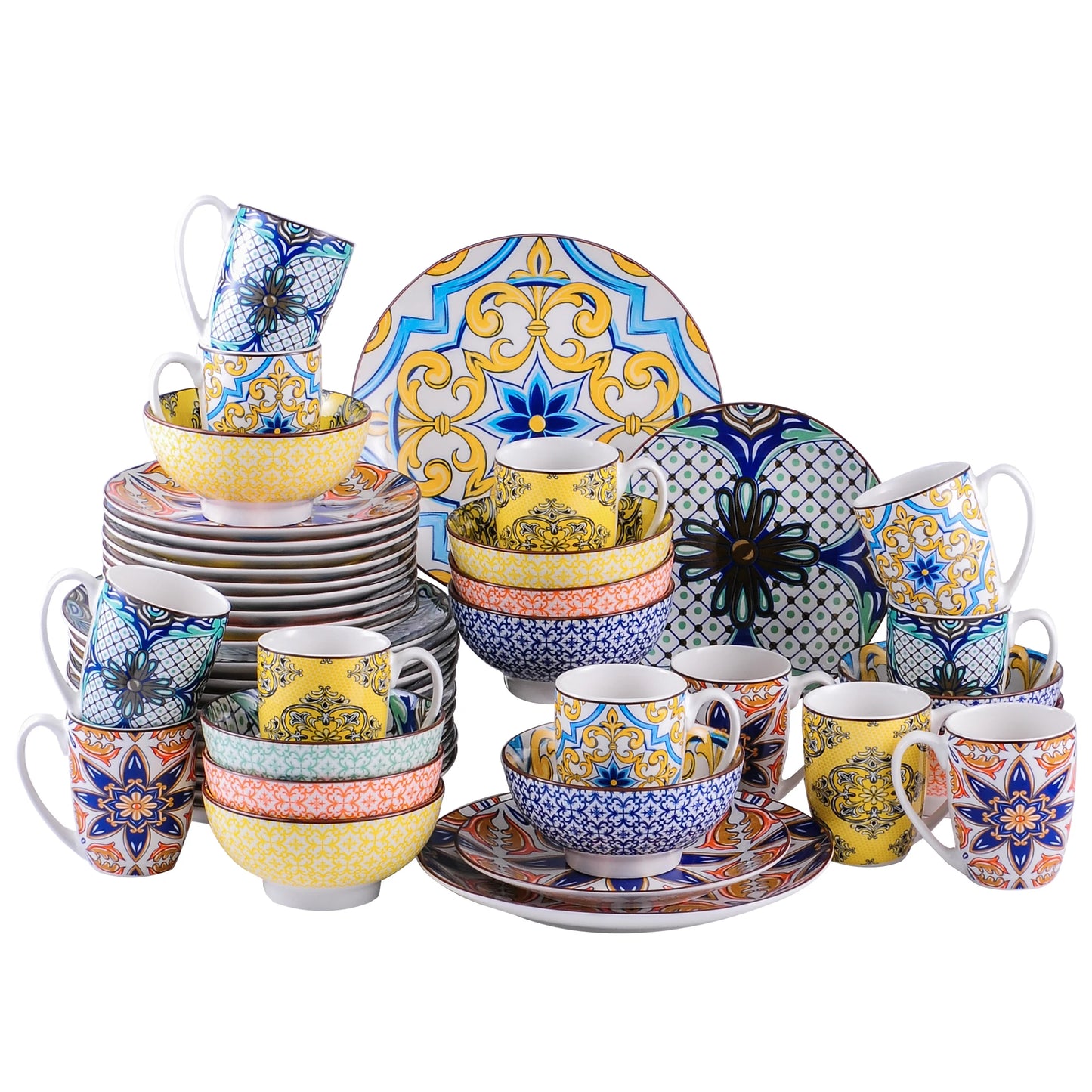 MALACASA Jasmin Pattern Porcelain Dinnerware Set With Plates Bowls Mugs