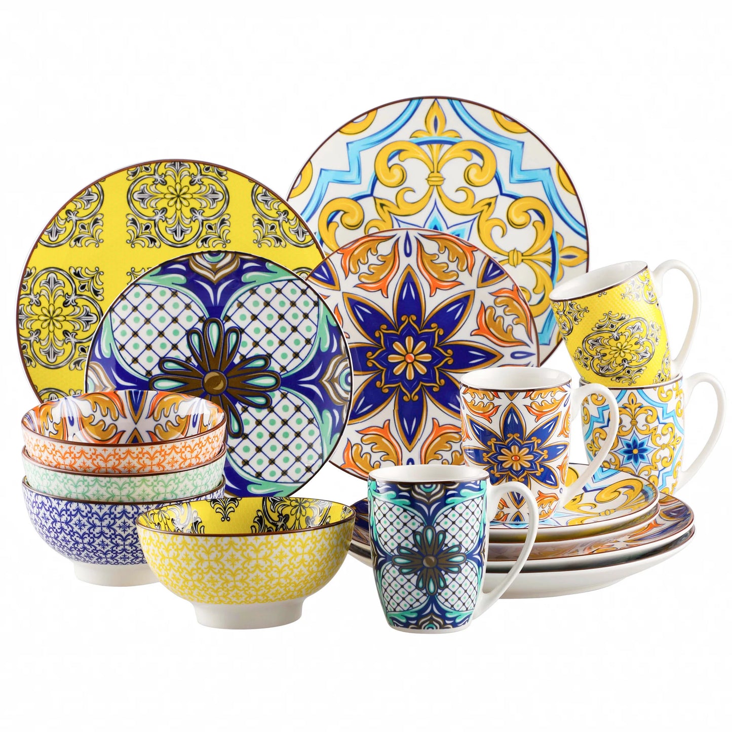 MALACASA Jasmin Pattern Porcelain Dinnerware Set With Plates Bowls Mugs