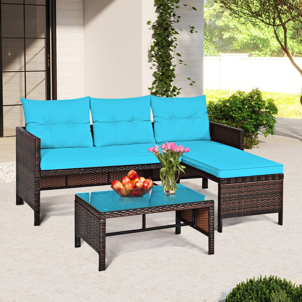 PIYRQ Outdoor Rattan Sectional Sofa Set With Coffee Table
