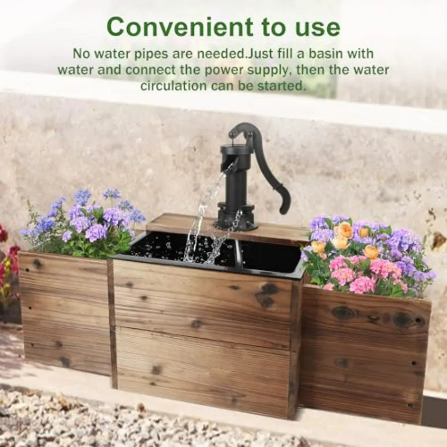 Outdoor Water Fountain With Wooden Floor Pump And Flower Box