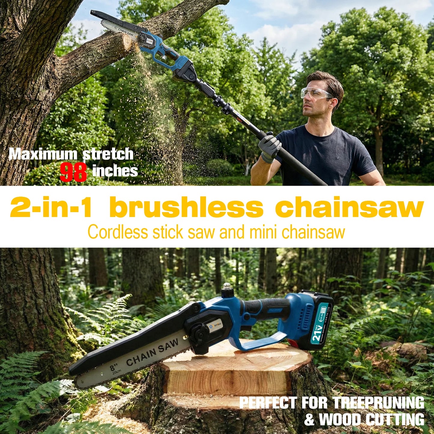 Two-In-One Cordless Pole Saw And Mini Chainsaw Tree Trimmer Extension Pole