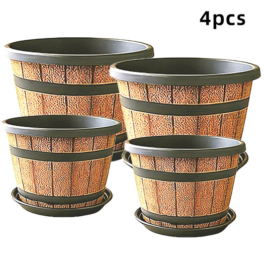 Indoor Resin Flower Planter Imitation Wooden Barrel for Balcony Decor