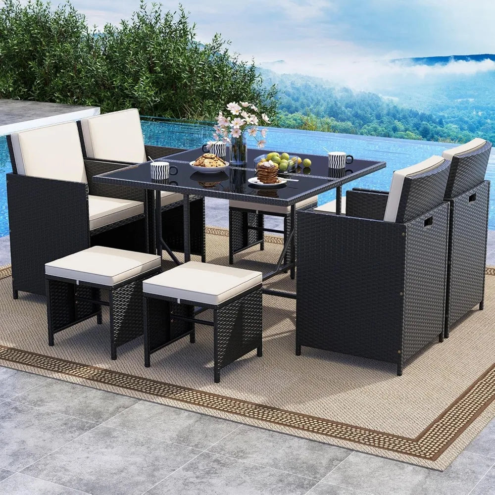 Patio Dining Set With Rattan Chairs And Tempered Glass Table And Ottoman