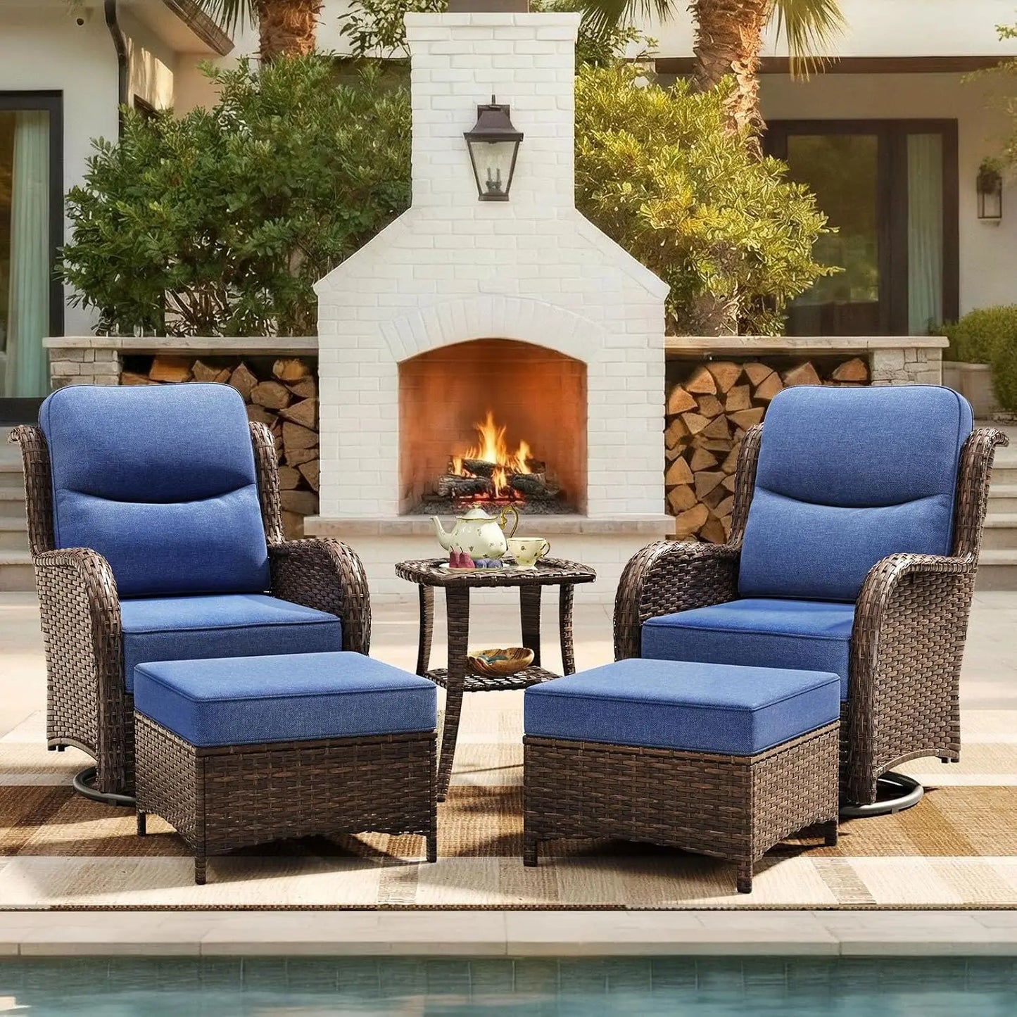 Five Piece Luxury Patio Furniture Set With Cushioned Wicker Chairs