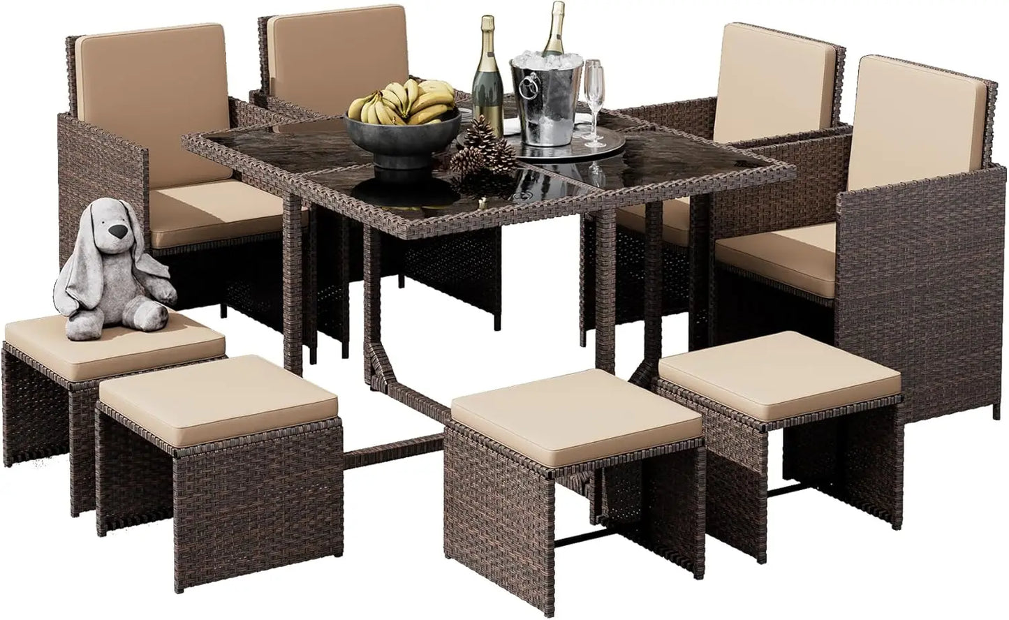 Patio 9 Piece Dining Furniture Set Rattan Chairs Glass Table