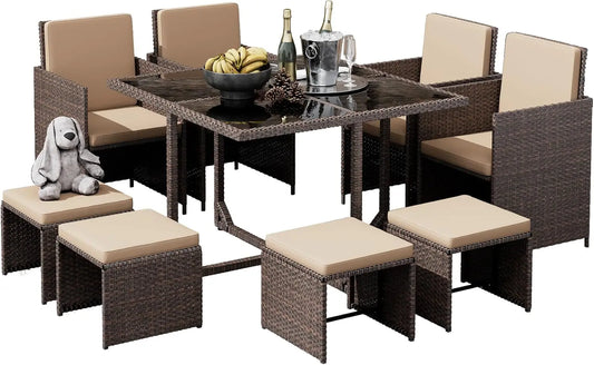 Patio 9 Piece Dining Furniture Set Rattan Chairs Glass Table