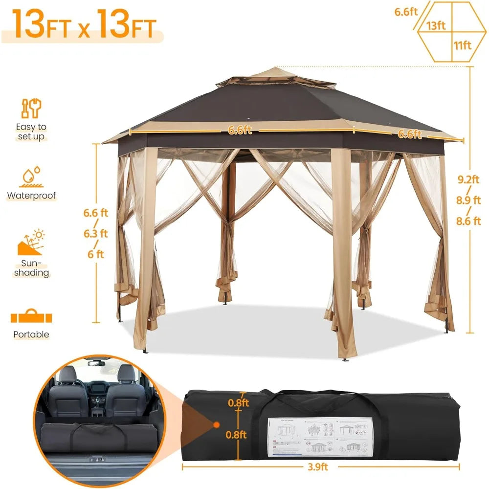 Pop Up Gazebo Hexagonal Outdoor Canopy With Double Tier Roof