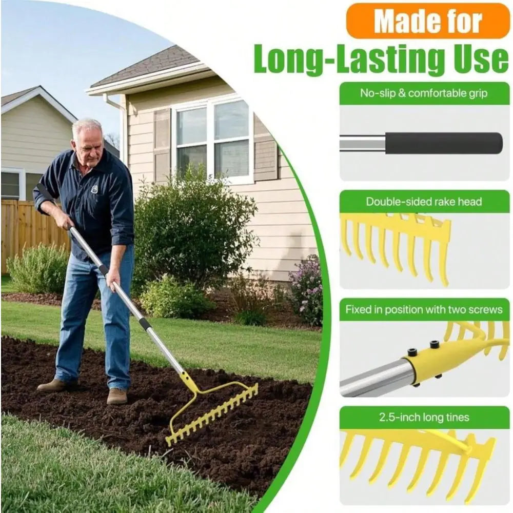 Heavy Duty Bow Rake for Leaves, 17 Tines, Metal Handle