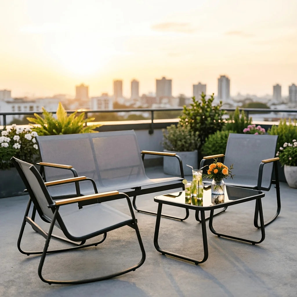 PIYRQ Outdoor Patio Furniture Rattan Conversation Chairs With Glass Table