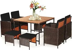 Patio Dining Set With Rattan Chairs And Tempered Glass Table And Ottoman