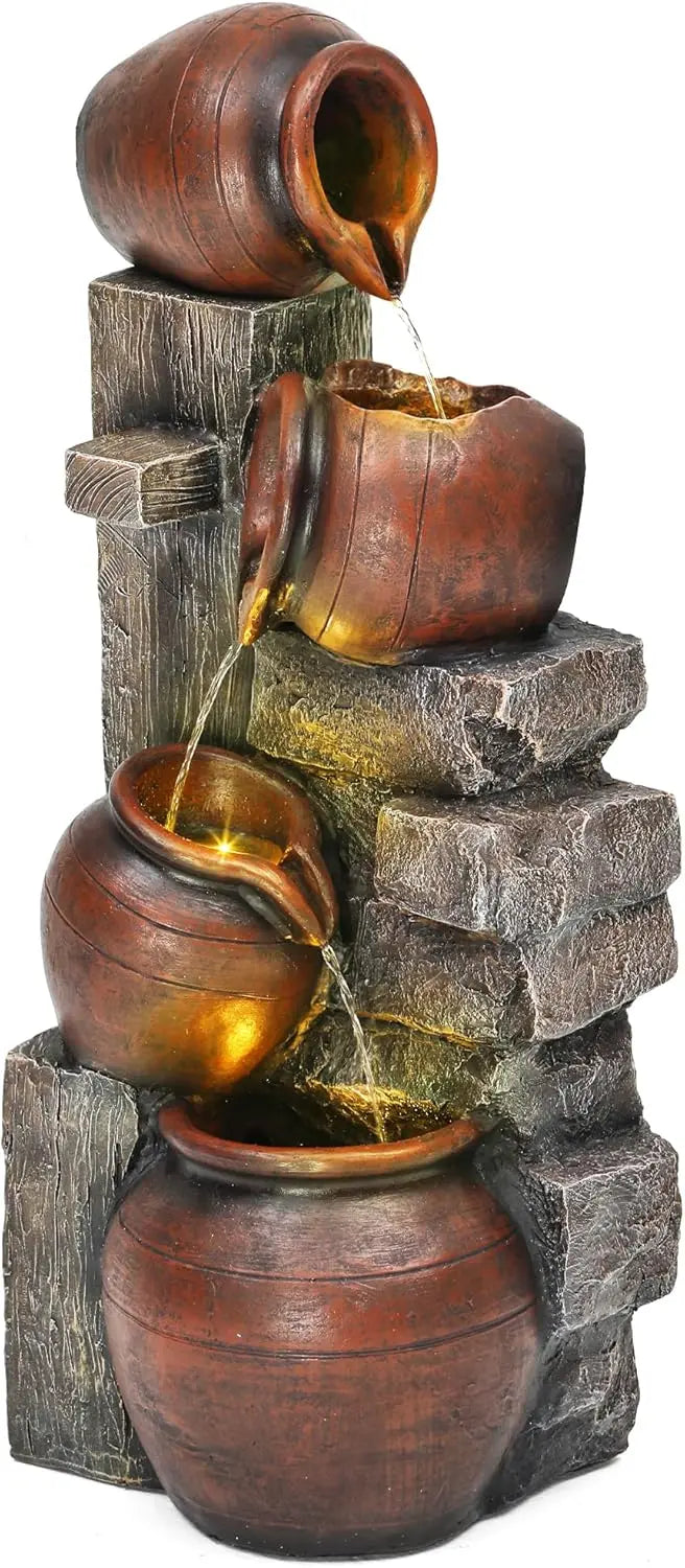 Outdoor Water Fountain With LED Lights And Pump Cascading Pitchers