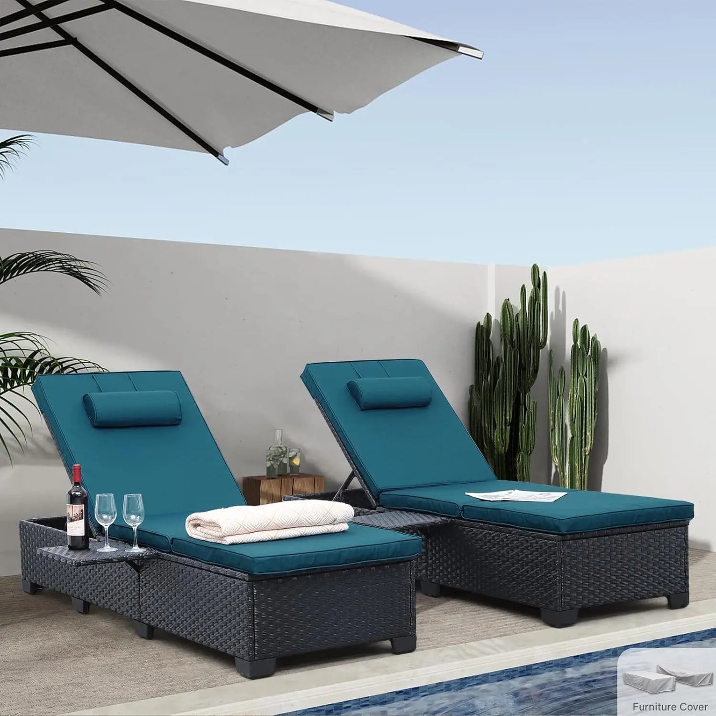 Adjustable Wicker Chaise Lounge Pair for Patio Cushions