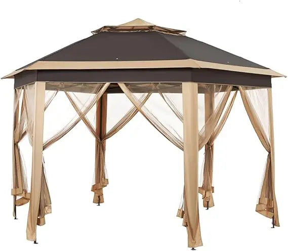 Pop Up Gazebo Hexagonal Outdoor Canopy With Double Tier Roof