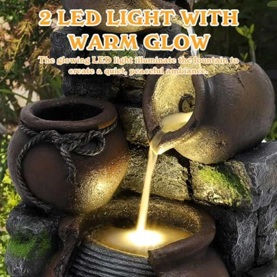 Outdoor Water Fountain with LED Lights and Pump 4-Tier Cascading
