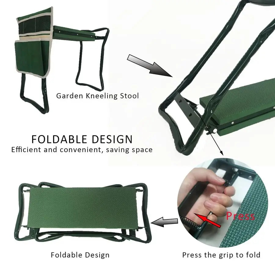 Heavy Duty Folding Garden Kneeler And Seat With Tool Pouch Storage