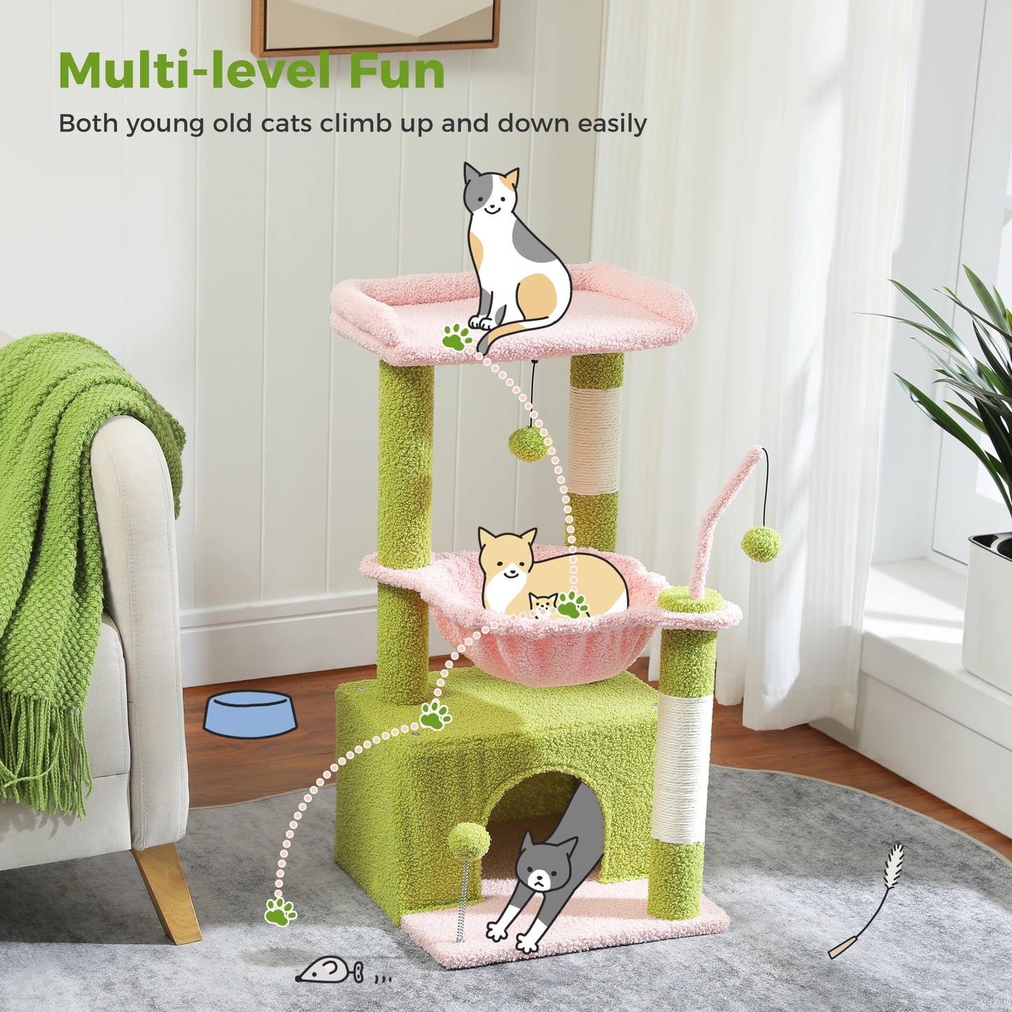 PEQULTI 4-In-1 Cactus Cat Tree For Indoor Cats With Condo